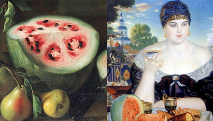 Wassermelone in der Malerei: Stillleben von Giovanni Stanki und "Die Kaufmannsfrau beim Tee" von Boris Kustodiev
