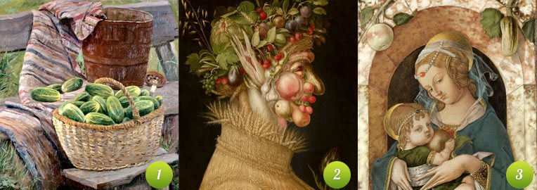 Pictures with cucumbers: "Cucumbers" (Mikhail Makhalov), "Summer" (Giuseppe Arcimboldo), "Madonna and Child" (Crivelli)