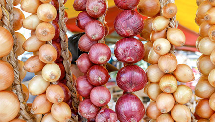 Bundles of onions on the market
