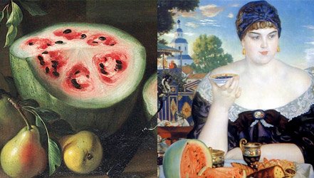 Melancia na pintura: natureza morta de Giovanni Stanki e "A esposa do comerciante no chá" de Boris Kustodiev